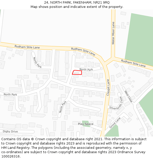 24, NORTH PARK, FAKENHAM, NR21 9RQ: Location map and indicative extent of plot
