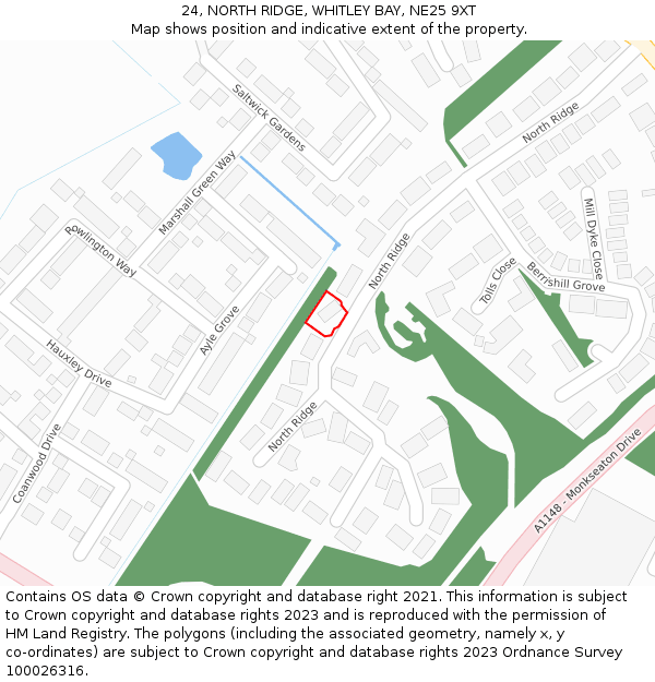 24, NORTH RIDGE, WHITLEY BAY, NE25 9XT: Location map and indicative extent of plot