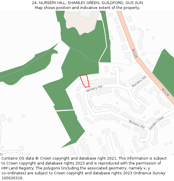 24, NURSERY HILL, SHAMLEY GREEN, GUILDFORD, GU5 0UN: Location map and indicative extent of plot