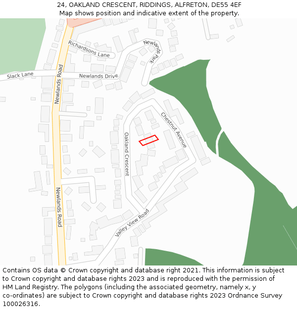 24, OAKLAND CRESCENT, RIDDINGS, ALFRETON, DE55 4EF: Location map and indicative extent of plot