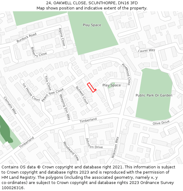 24, OAKWELL CLOSE, SCUNTHORPE, DN16 3FD: Location map and indicative extent of plot