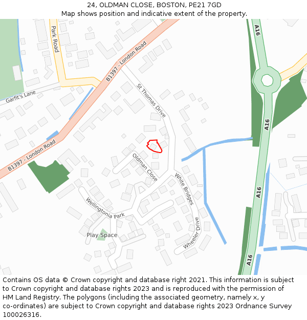 24, OLDMAN CLOSE, BOSTON, PE21 7GD: Location map and indicative extent of plot