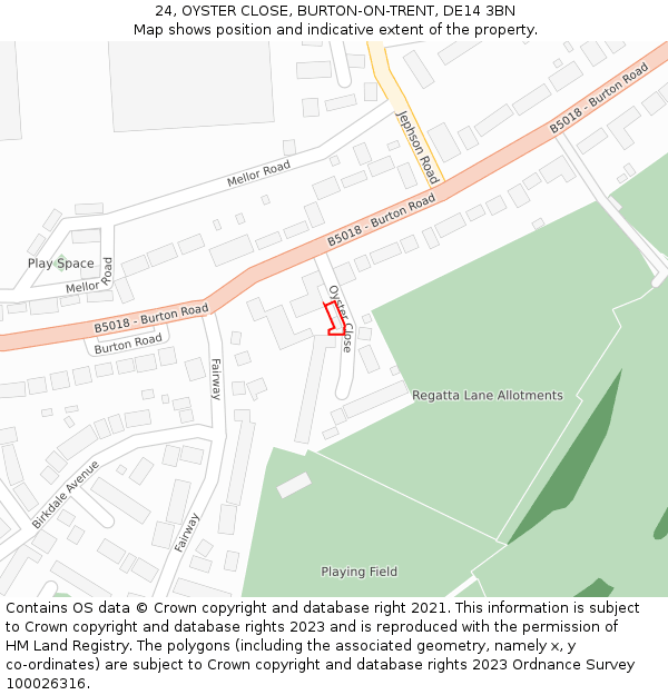 24, OYSTER CLOSE, BURTON-ON-TRENT, DE14 3BN: Location map and indicative extent of plot