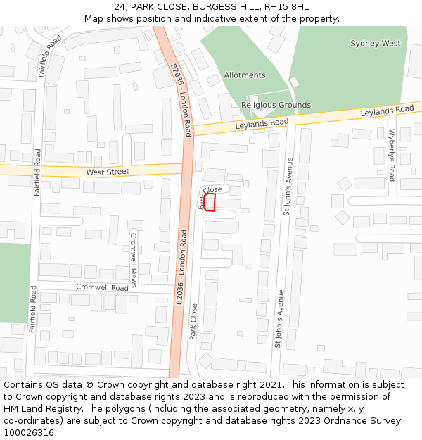 24, PARK CLOSE, BURGESS HILL, RH15 8HL: Location map and indicative extent of plot