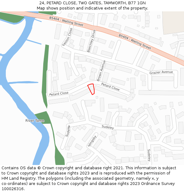 24, PETARD CLOSE, TWO GATES, TAMWORTH, B77 1GN: Location map and indicative extent of plot