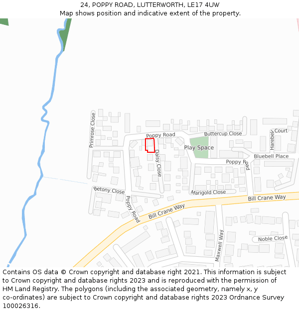24, POPPY ROAD, LUTTERWORTH, LE17 4UW: Location map and indicative extent of plot