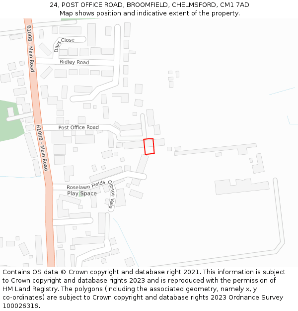 24, POST OFFICE ROAD, BROOMFIELD, CHELMSFORD, CM1 7AD: Location map and indicative extent of plot