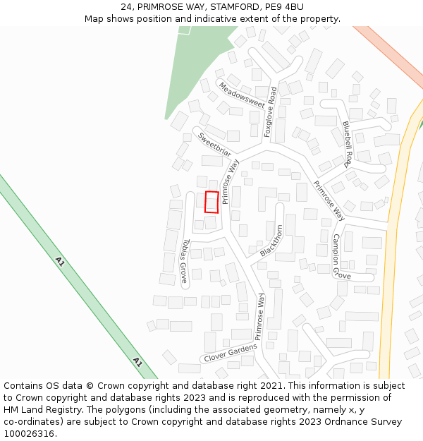 24, PRIMROSE WAY, STAMFORD, PE9 4BU: Location map and indicative extent of plot