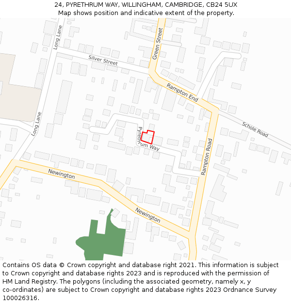 24, PYRETHRUM WAY, WILLINGHAM, CAMBRIDGE, CB24 5UX: Location map and indicative extent of plot
