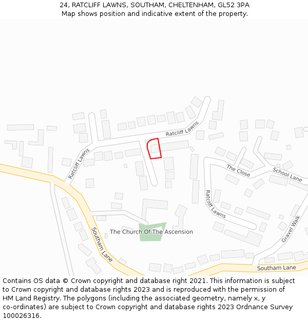 24, RATCLIFF LAWNS, SOUTHAM, CHELTENHAM, GL52 3PA: Location map and indicative extent of plot