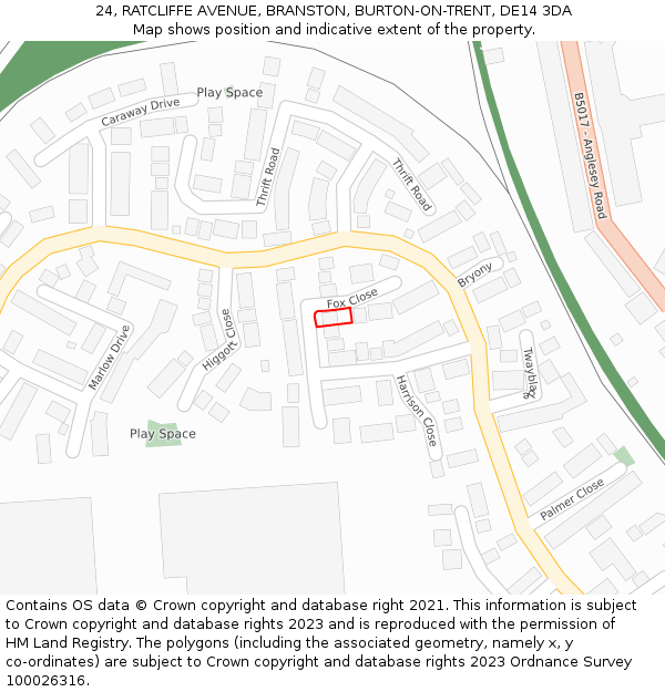 24, RATCLIFFE AVENUE, BRANSTON, BURTON-ON-TRENT, DE14 3DA: Location map and indicative extent of plot