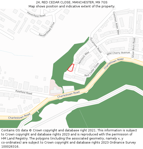 24, RED CEDAR CLOSE, MANCHESTER, M9 7GS: Location map and indicative extent of plot