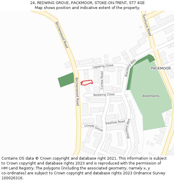 24, REDWING GROVE, PACKMOOR, STOKE-ON-TRENT, ST7 4GE: Location map and indicative extent of plot