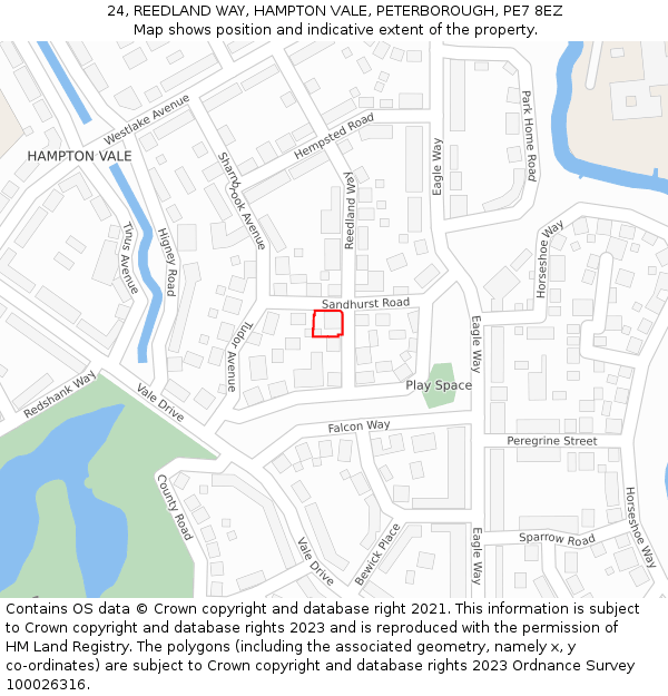 24, REEDLAND WAY, HAMPTON VALE, PETERBOROUGH, PE7 8EZ: Location map and indicative extent of plot