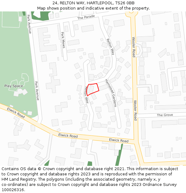 24, RELTON WAY, HARTLEPOOL, TS26 0BB: Location map and indicative extent of plot