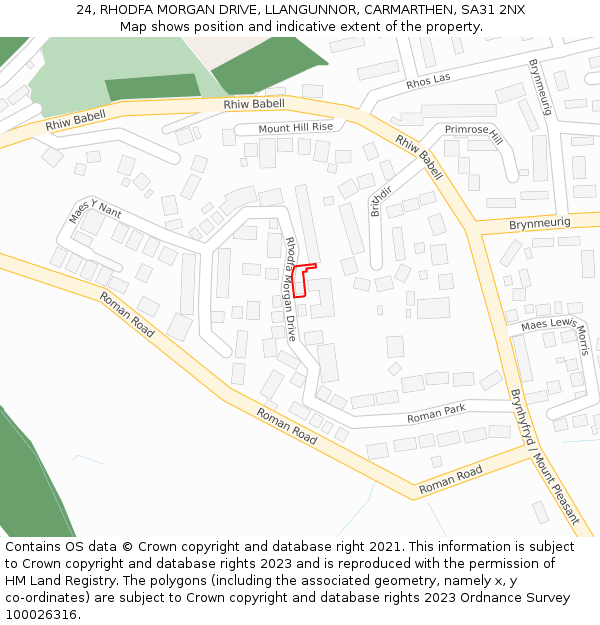 24, RHODFA MORGAN DRIVE, LLANGUNNOR, CARMARTHEN, SA31 2NX: Location map and indicative extent of plot
