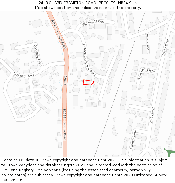 24, RICHARD CRAMPTON ROAD, BECCLES, NR34 9HN: Location map and indicative extent of plot