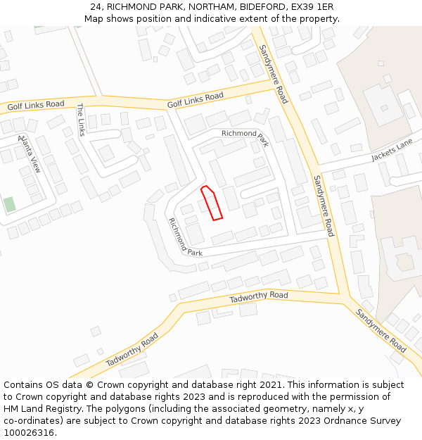 24, RICHMOND PARK, NORTHAM, BIDEFORD, EX39 1ER: Location map and indicative extent of plot