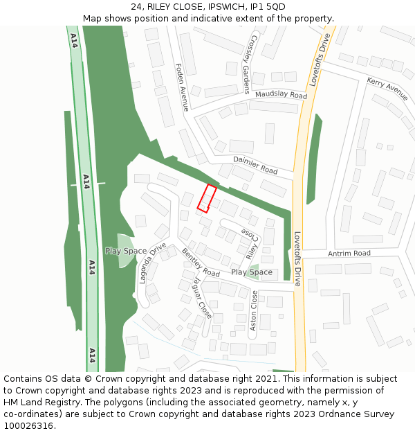 24, RILEY CLOSE, IPSWICH, IP1 5QD: Location map and indicative extent of plot