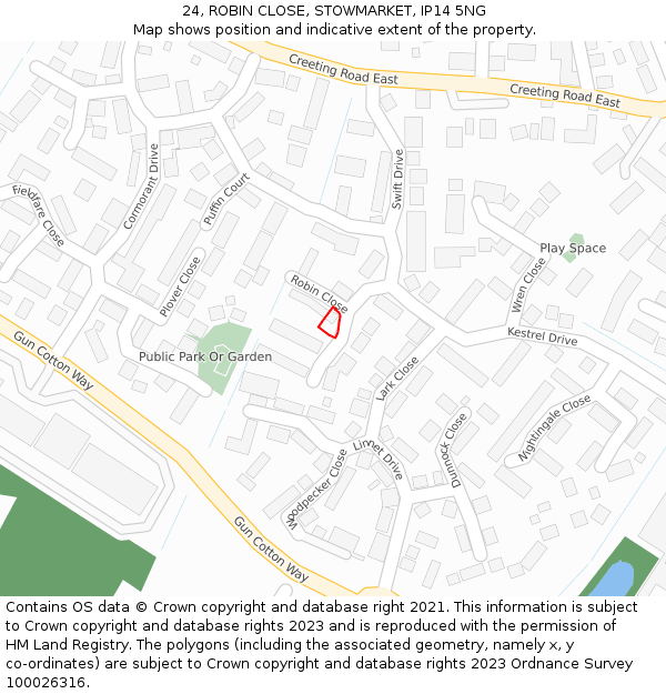 24, ROBIN CLOSE, STOWMARKET, IP14 5NG: Location map and indicative extent of plot