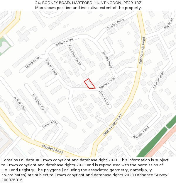 24, RODNEY ROAD, HARTFORD, HUNTINGDON, PE29 1RZ: Location map and indicative extent of plot