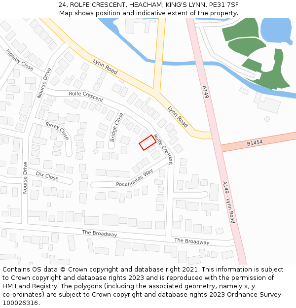 24, ROLFE CRESCENT, HEACHAM, KING'S LYNN, PE31 7SF: Location map and indicative extent of plot