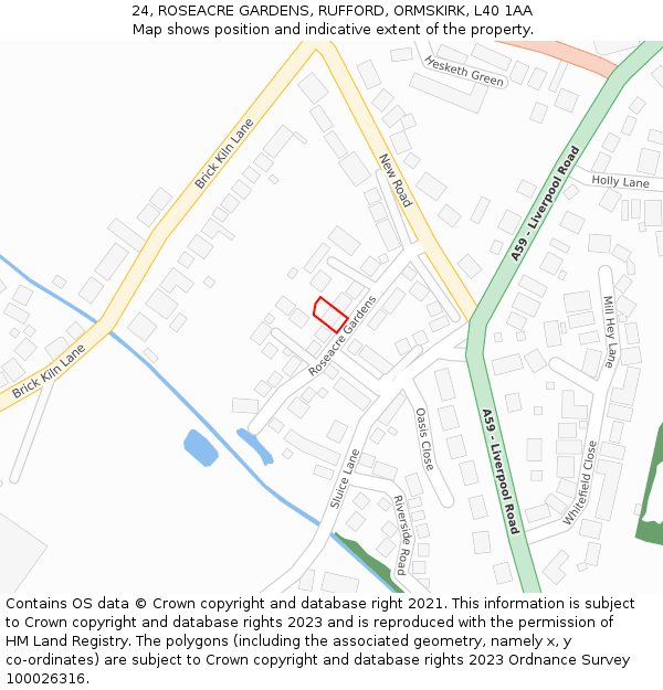 24, ROSEACRE GARDENS, RUFFORD, ORMSKIRK, L40 1AA: Location map and indicative extent of plot