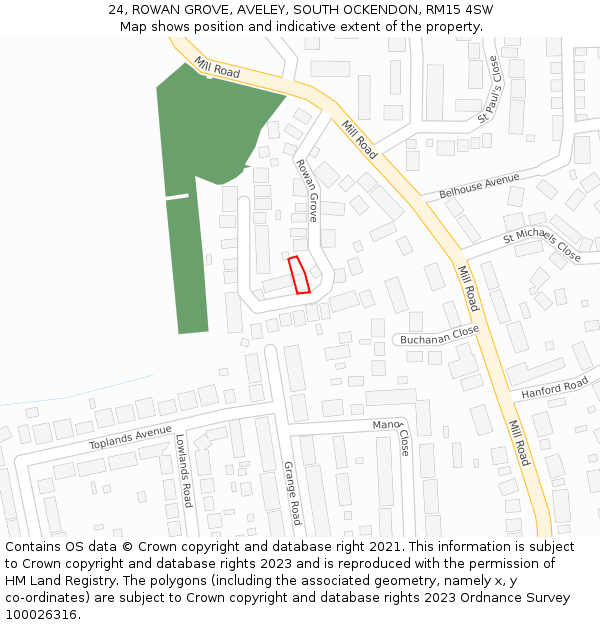 24, ROWAN GROVE, AVELEY, SOUTH OCKENDON, RM15 4SW: Location map and indicative extent of plot