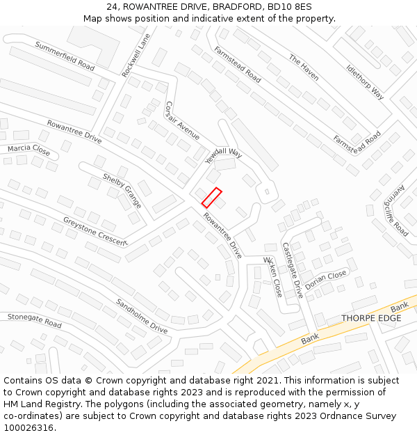 24, ROWANTREE DRIVE, BRADFORD, BD10 8ES: Location map and indicative extent of plot