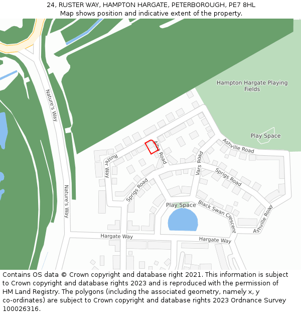 24, RUSTER WAY, HAMPTON HARGATE, PETERBOROUGH, PE7 8HL: Location map and indicative extent of plot