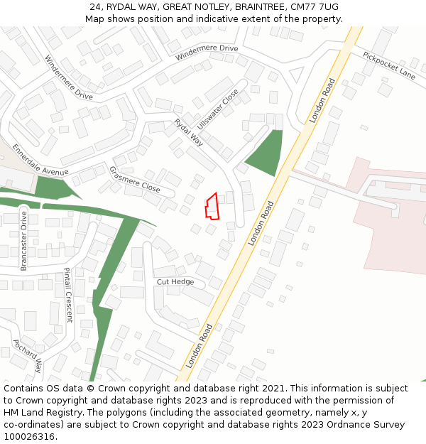 24, RYDAL WAY, GREAT NOTLEY, BRAINTREE, CM77 7UG: Location map and indicative extent of plot