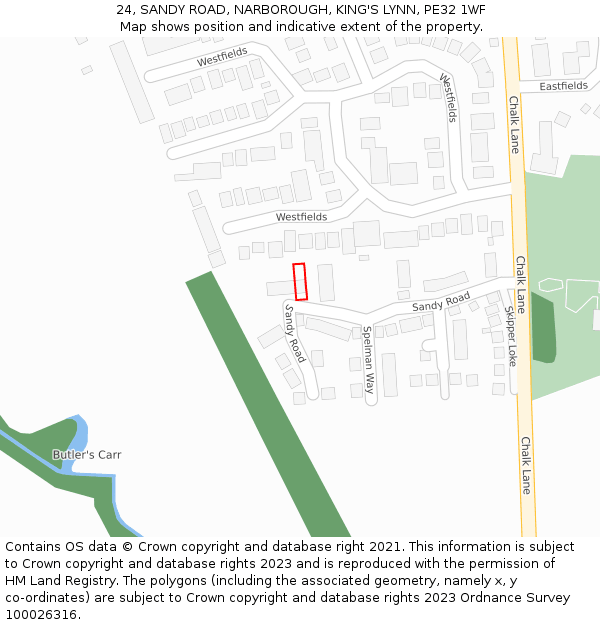 24, SANDY ROAD, NARBOROUGH, KING'S LYNN, PE32 1WF: Location map and indicative extent of plot