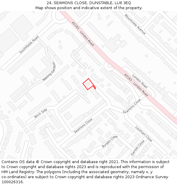 24, SEAMONS CLOSE, DUNSTABLE, LU6 3EQ: Location map and indicative extent of plot