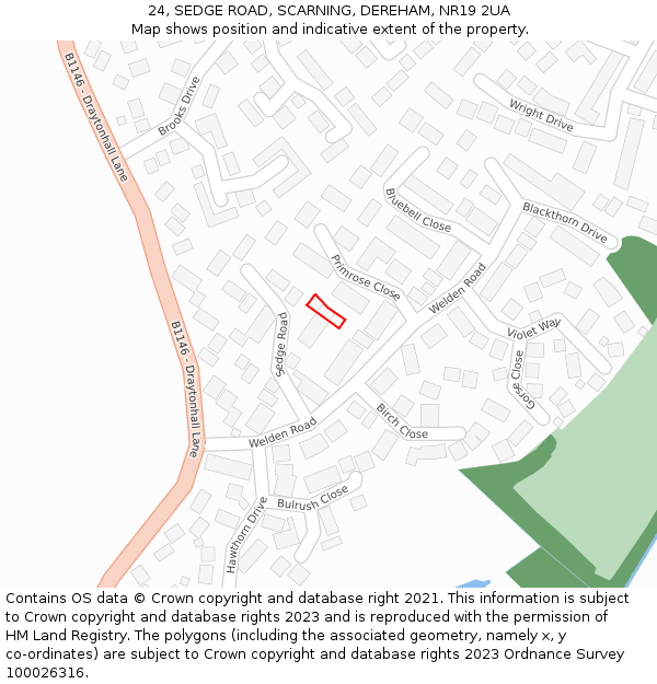 24, SEDGE ROAD, SCARNING, DEREHAM, NR19 2UA: Location map and indicative extent of plot