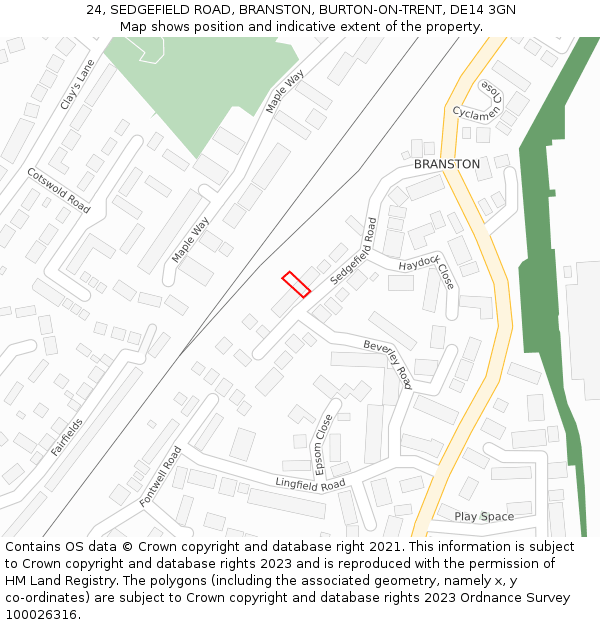 24, SEDGEFIELD ROAD, BRANSTON, BURTON-ON-TRENT, DE14 3GN: Location map and indicative extent of plot