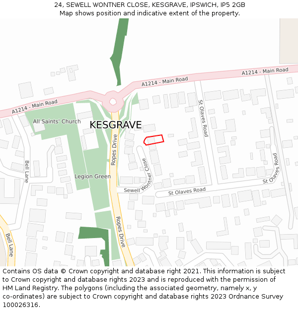 24, SEWELL WONTNER CLOSE, KESGRAVE, IPSWICH, IP5 2GB: Location map and indicative extent of plot