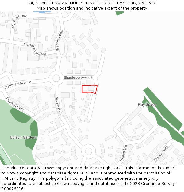 24, SHARDELOW AVENUE, SPRINGFIELD, CHELMSFORD, CM1 6BG: Location map and indicative extent of plot