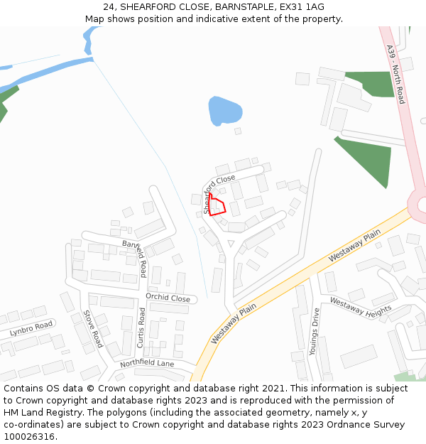 24, SHEARFORD CLOSE, BARNSTAPLE, EX31 1AG: Location map and indicative extent of plot