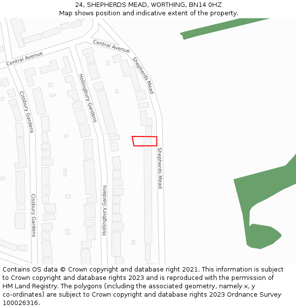 24, SHEPHERDS MEAD, WORTHING, BN14 0HZ: Location map and indicative extent of plot