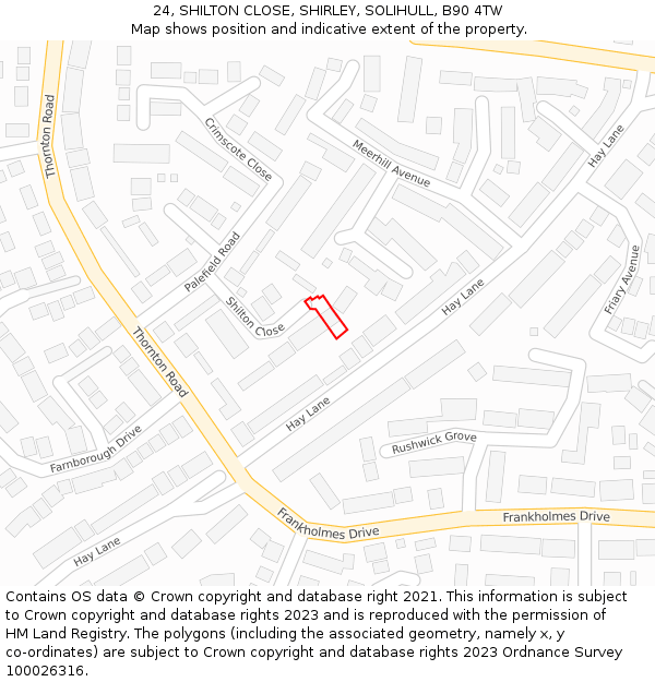 24, SHILTON CLOSE, SHIRLEY, SOLIHULL, B90 4TW: Location map and indicative extent of plot