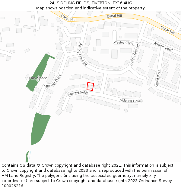 24, SIDELING FIELDS, TIVERTON, EX16 4HG: Location map and indicative extent of plot