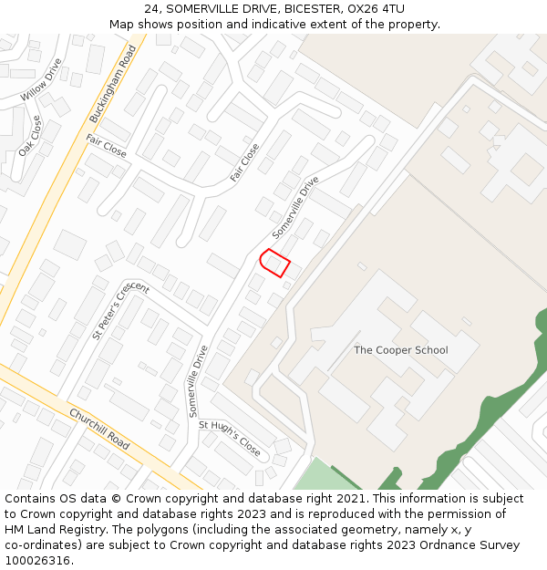 24, SOMERVILLE DRIVE, BICESTER, OX26 4TU: Location map and indicative extent of plot