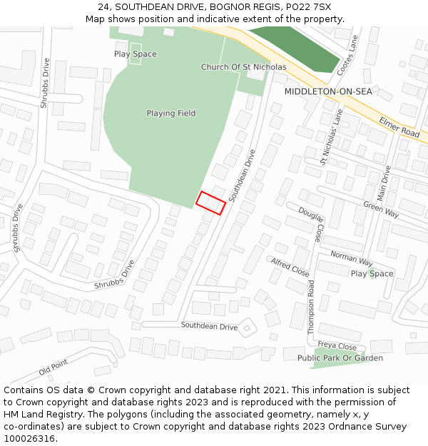 24, SOUTHDEAN DRIVE, BOGNOR REGIS, PO22 7SX: Location map and indicative extent of plot