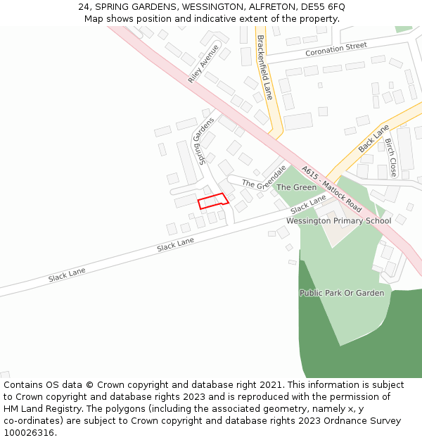 24, SPRING GARDENS, WESSINGTON, ALFRETON, DE55 6FQ: Location map and indicative extent of plot