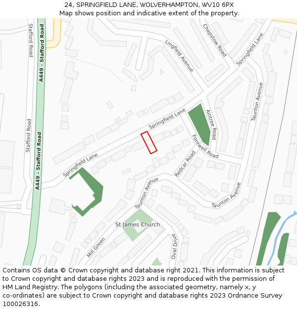 24, SPRINGFIELD LANE, WOLVERHAMPTON, WV10 6PX: Location map and indicative extent of plot