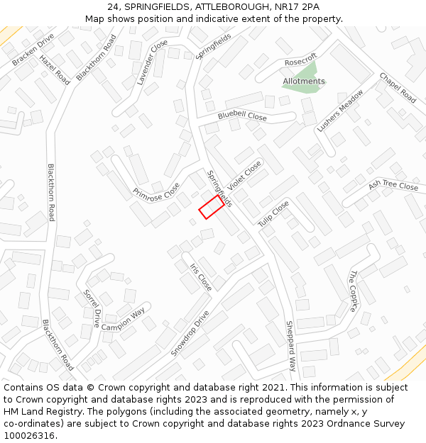 24, SPRINGFIELDS, ATTLEBOROUGH, NR17 2PA: Location map and indicative extent of plot