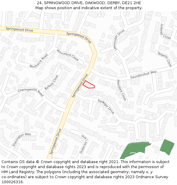 24, SPRINGWOOD DRIVE, OAKWOOD, DERBY, DE21 2HE: Location map and indicative extent of plot