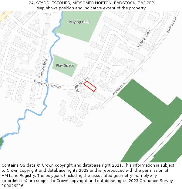 24, STADDLESTONES, MIDSOMER NORTON, RADSTOCK, BA3 2PP: Location map and indicative extent of plot