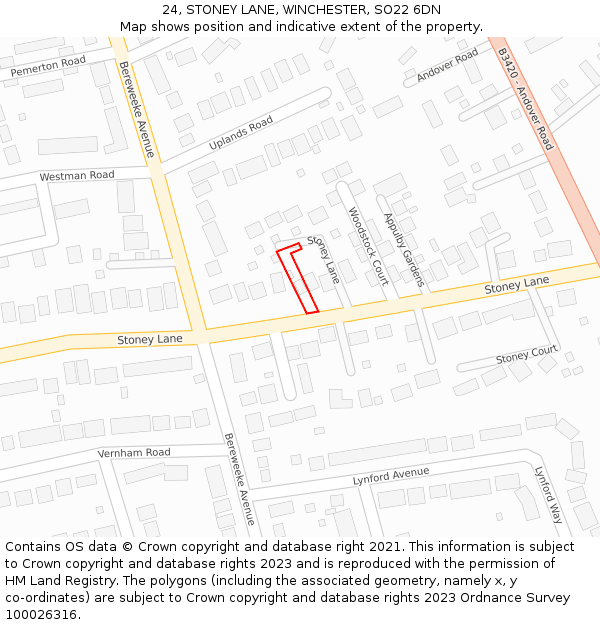 24, STONEY LANE, WINCHESTER, SO22 6DN: Location map and indicative extent of plot