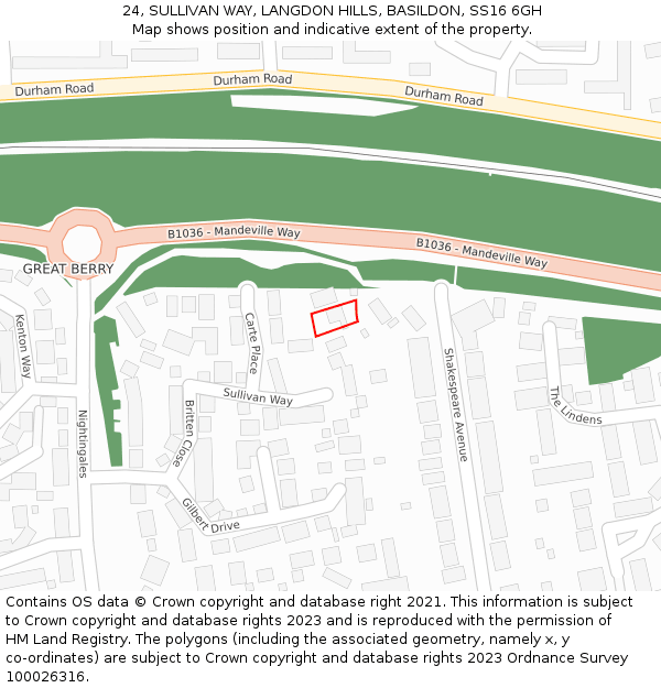 24, SULLIVAN WAY, LANGDON HILLS, BASILDON, SS16 6GH: Location map and indicative extent of plot